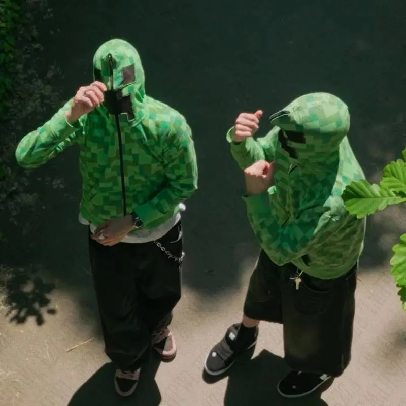 F/W sweat à capuche à carreaux zippé surdimensionné veste à épaules tombantes rétro Punk Streetwear coton épais unisexe imprimé graphique manteau poitrine