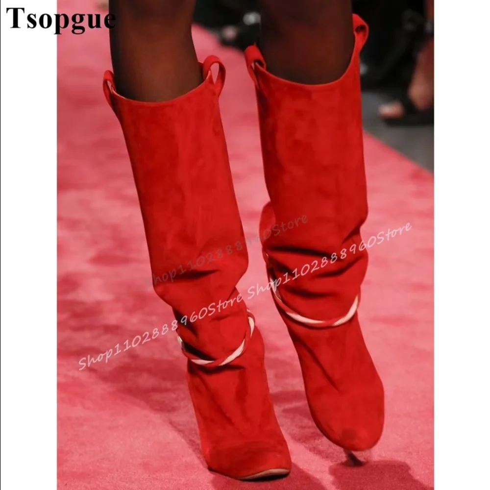 

Plus Size Knee High Red Flock String Boots Thin High Heel Shoes For Women Slip On Round Toe Catwalk Trending Party Women Boots