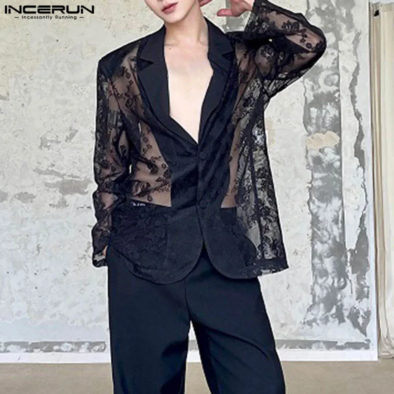 INCERUN Men Blazer Lace Patchwork Transparent Lapel Long Sleeve Casual Male Suits Streetwear 2024 Fashion Party Thin Coats S-5XL