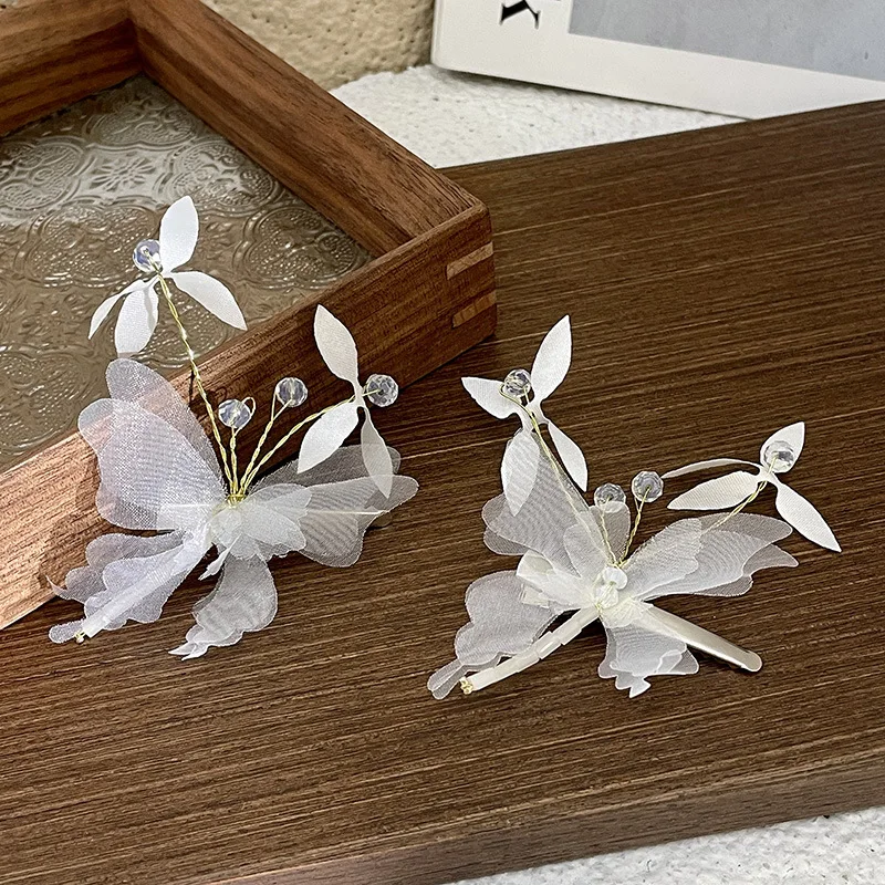 Pinzas para el pelo de mariposa elegante para mujer, horquilla pequeña de alas de encaje blanco coreano, pasador de flequillo para niñas, accesorios