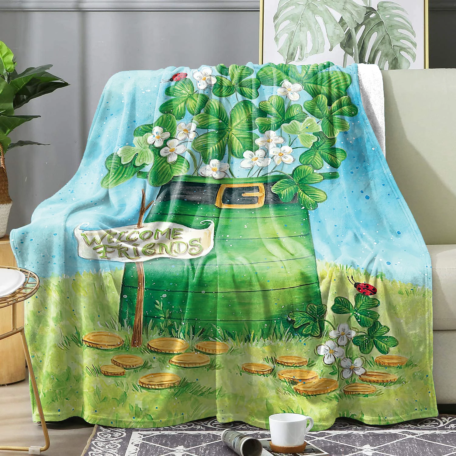 Four Leaf Clover Digital Print Flannel Blanket St. Patrick's Day Holiday Warm Soft Green Blankets Multipurpose Shawl Blankets