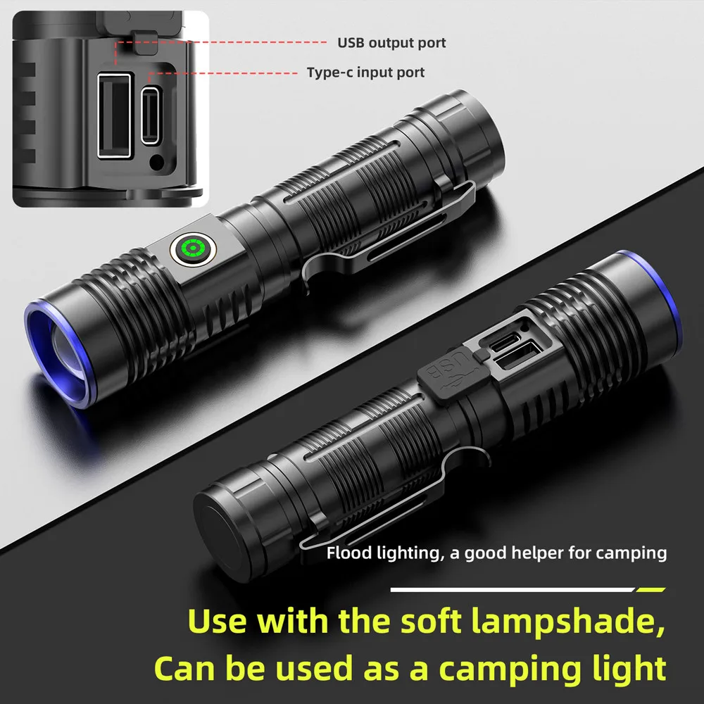 High Power LED Long Range Flashlight Five Color Light Source Zoomable USB Bidirectional Charging Outdoor Camping Lantern