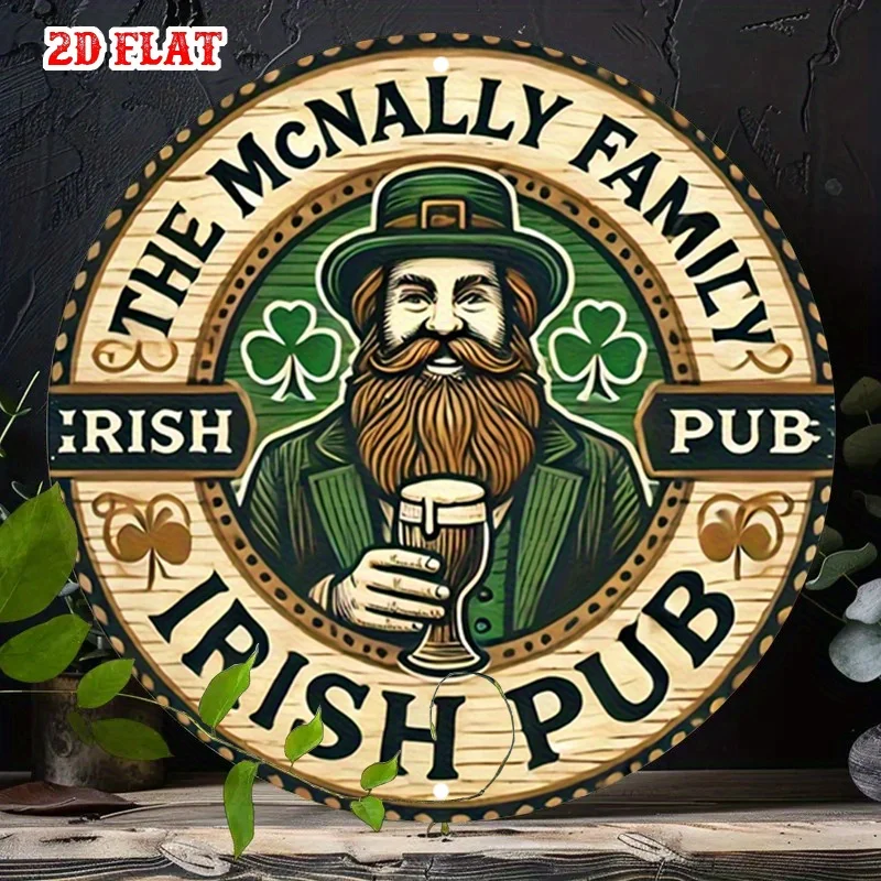 2D Flat, 1pc Vintage Irish Pub Metal Wall Decor - Retro Irish-Themed Round Sign with Leprechaun, Beer Mug & Shamrocks