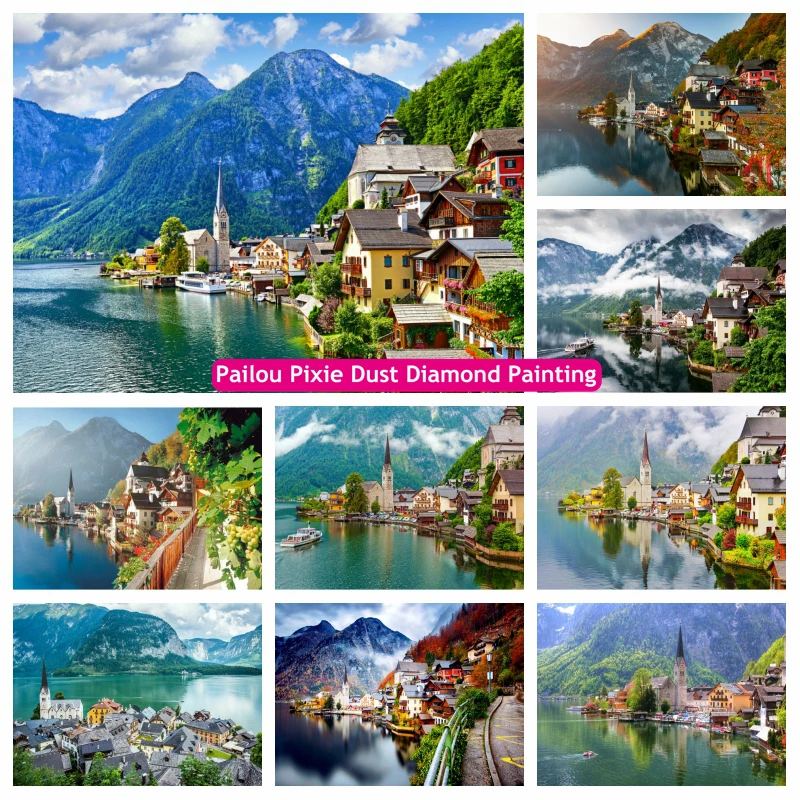 

Fairytale Hallstatt Villages Scenery AB Diamond Art Painting Austria Town Landscape Mosaic Cross Stitch Home Decor Gift