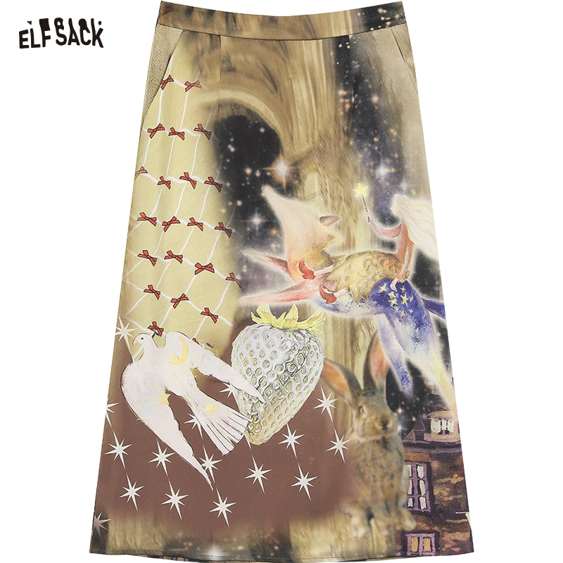 ELFSACK 2024 Autumn New Arrive Korean retro fox color full print satin high waist a-line straight slim skirt for women