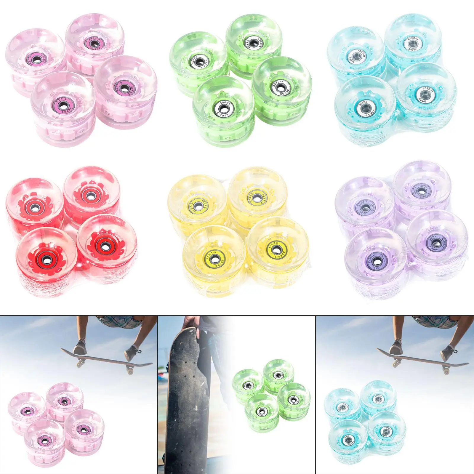 

4x Skateboard Wheels Repair Parts with Bearings Clear PU Longboard Wheels