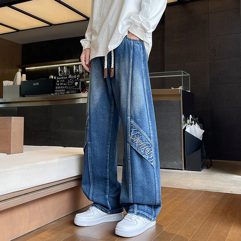 

Autumn Winter New Large Size Vintage Washed Patchwork Design Jeans Y2K Woven Men's Straight Casual Pants Loose Pants