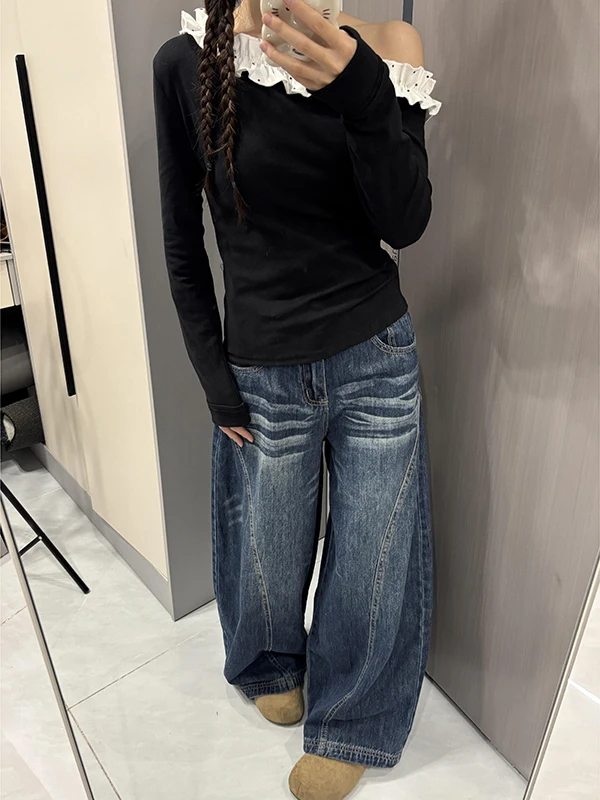 

Американские винтажные джинсы с широкими штанинами и низкой посадкой для женщин, осень 2025, новые свободные джинсовые брюки с эффектом потертости