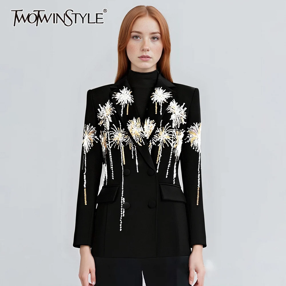 TWOTWINSTYLE Solid Spliced Hot Fix Elegant Blazers for Women Lapel Long Sleeves Patchwork Double Breasted Fashion Blazer Female