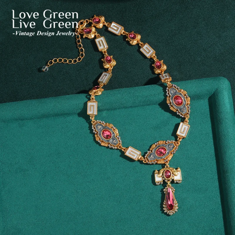 

Vintage Palace Pink Crystal Pendant Necklace Enamel Flower Luxury Dubai Jewelry Wedding Chain Accessories For Women 2025