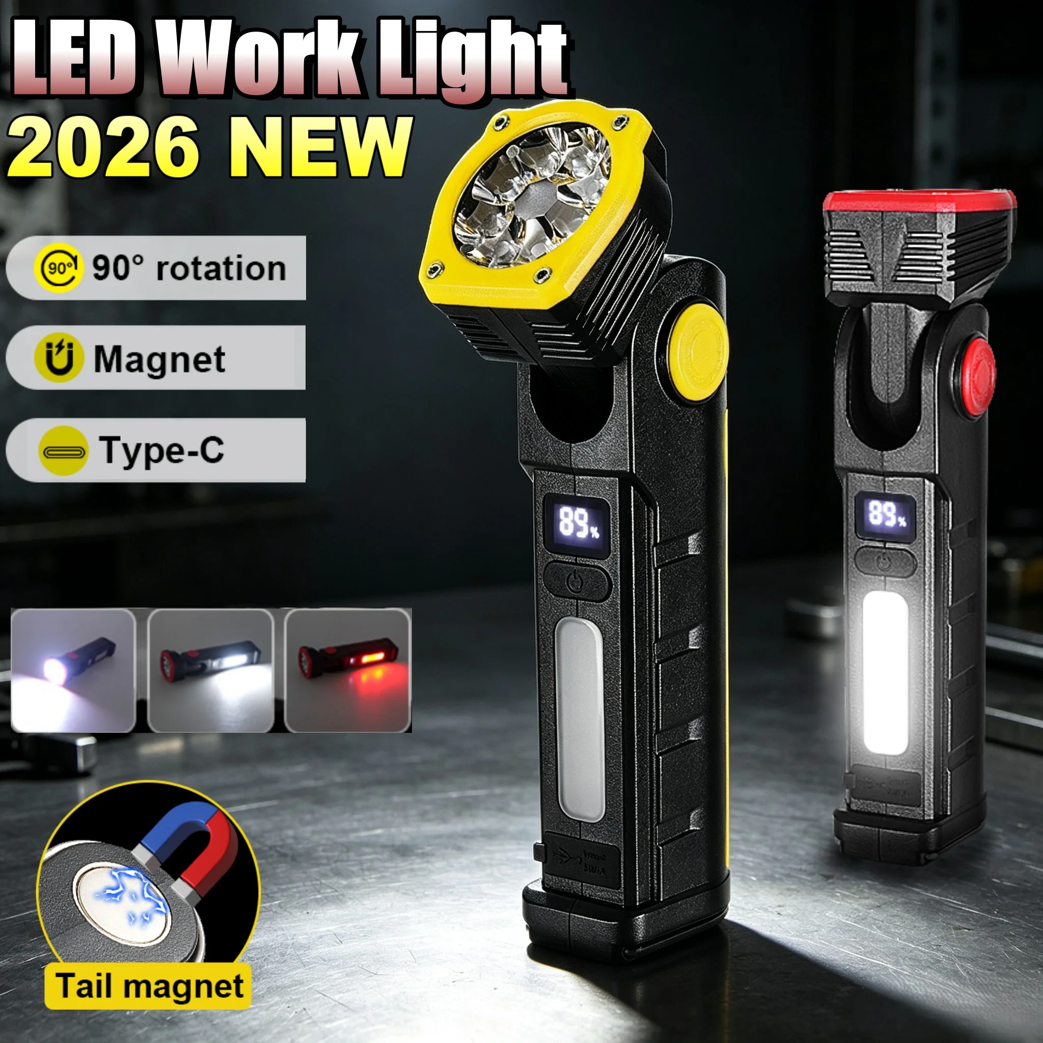 LED Work Light 90°Rotatable Magnetic Flashlight USB Rechargeable COB Light Portable Flashlight For Car Repair Workshop Emergency