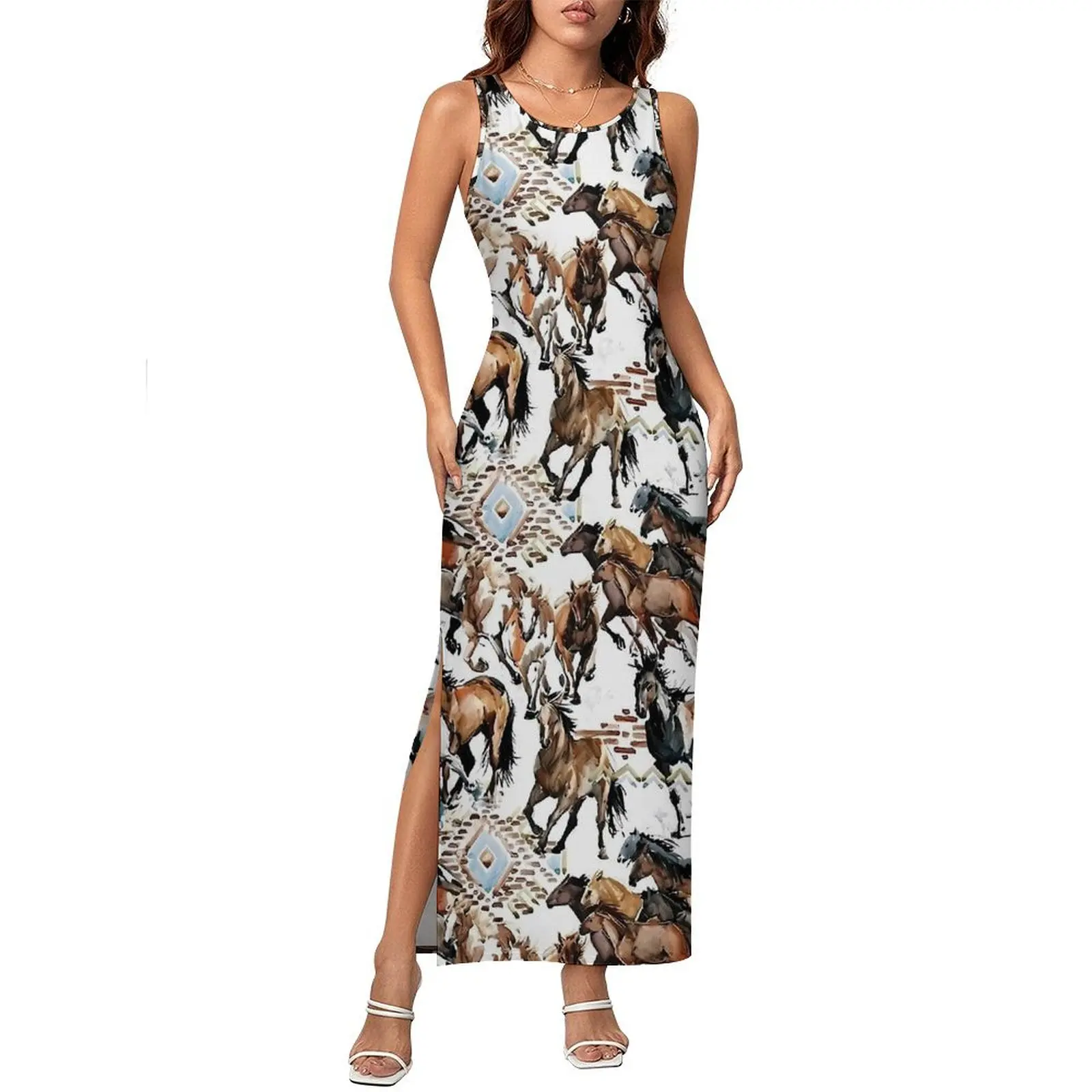 Watercolor Horse Dress Sleeveless Retro Print Club Party Maxi Dresses Spring Street Wear Graphic Bodycon Dress Big Size