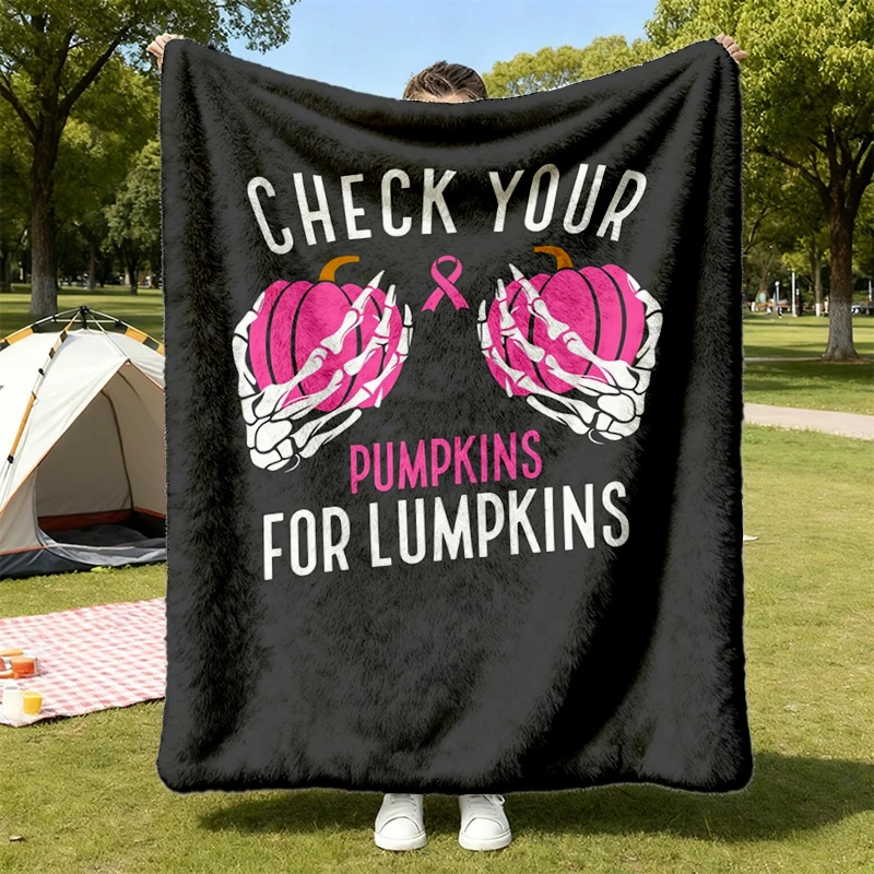 Breast Cancer Awareness Comfort Flannel Throw: Check Your Pumpkins Halloween Cozy Blanket Flannel Throw Flannel Blanket