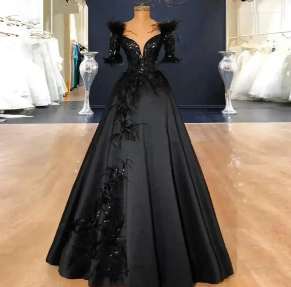 Elegant Black V Neck A-line Cover Arms Evening Dress With Feathers New Fashion Female Formal Banquet Party Prom Gowns