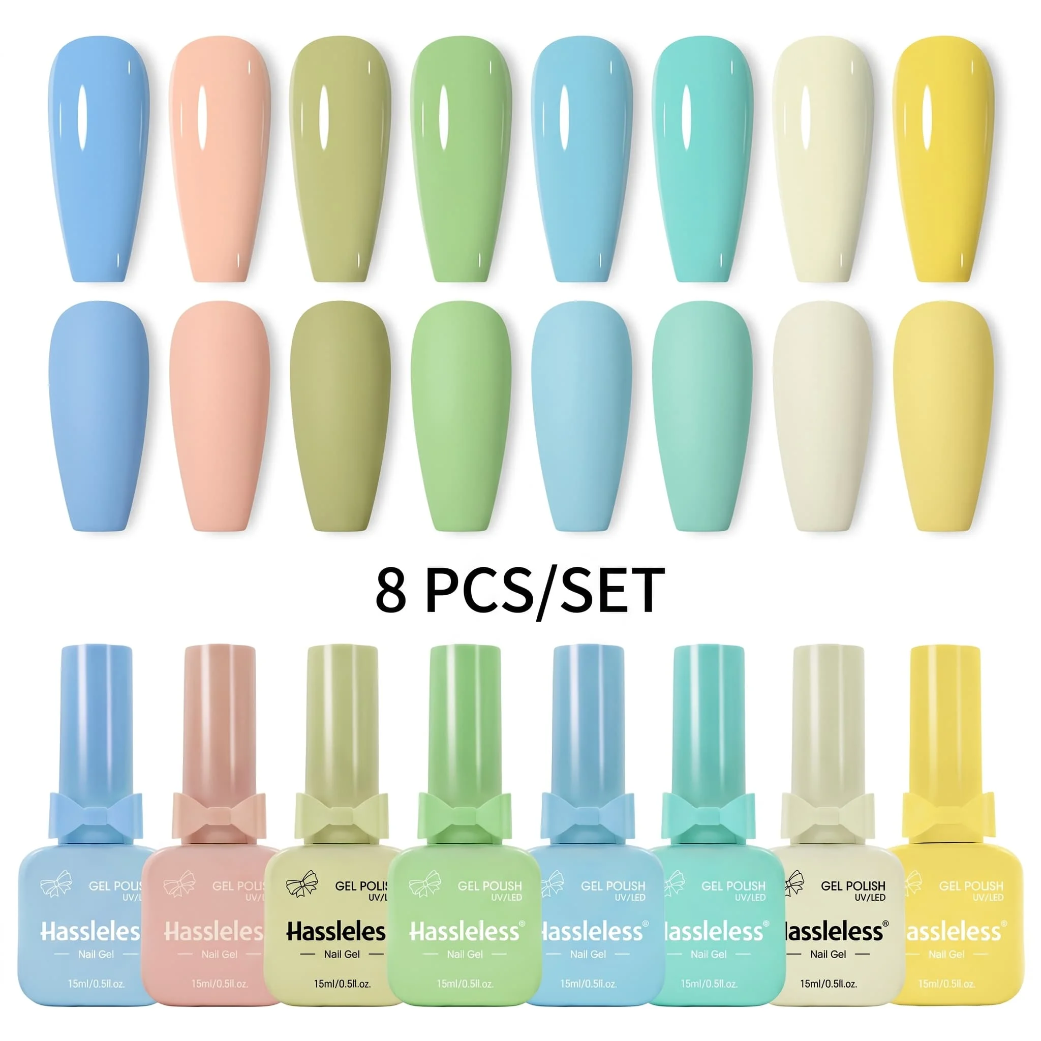 Hassleless 8-piece macaron light color nail gel set, with even color application, long-lasting and wear-resistant, no fading, for fresh and vibrant manicures, suitable for home DIY and nail salons