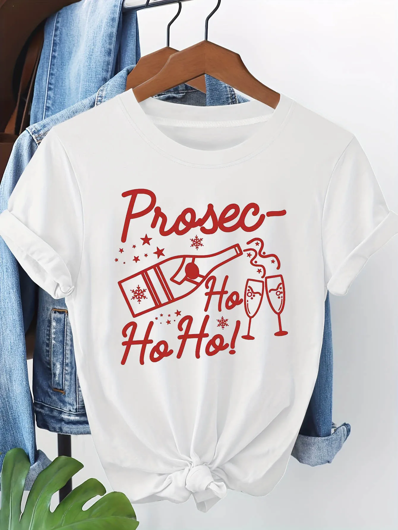 Camiseta navideña Prosecco Humor para mujer "Prosec-Ho Ho!" Ropa diaria navideña informal de verano de manga corta con estampado champán