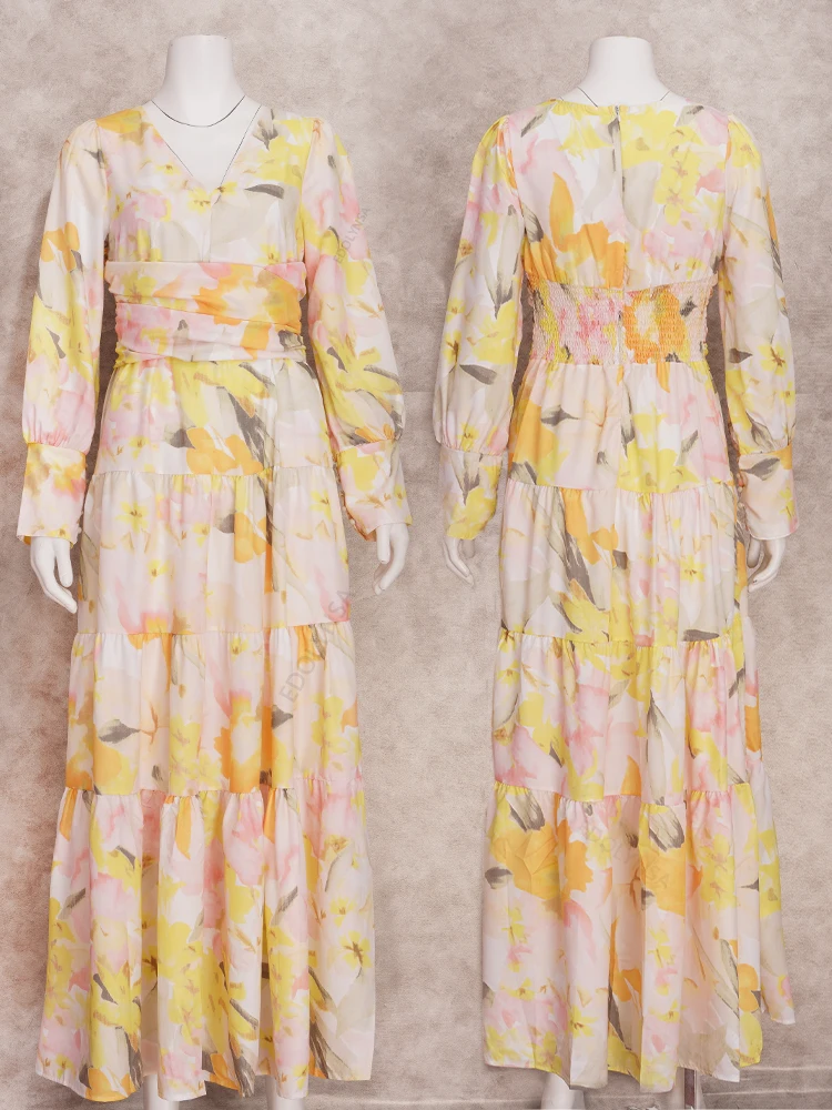Bohemian Printe Sexy V-neck Lantern sleeve Dress Tunic 2023 Autumn Winter Clothes Women Beach Casual Maxi Dresses Vestidos A2142