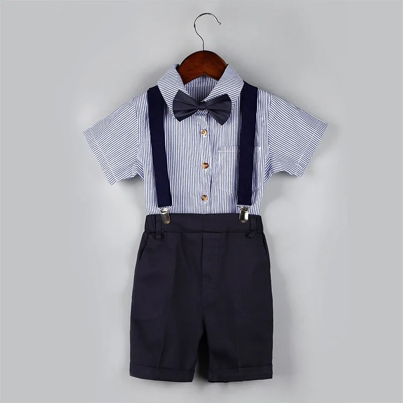 

Toddler Boy Suspenders Long Shorts Shirt Bow Tie Clothes Children's Striped Suit Set Teens Kids Wedding Birthday Party Costume