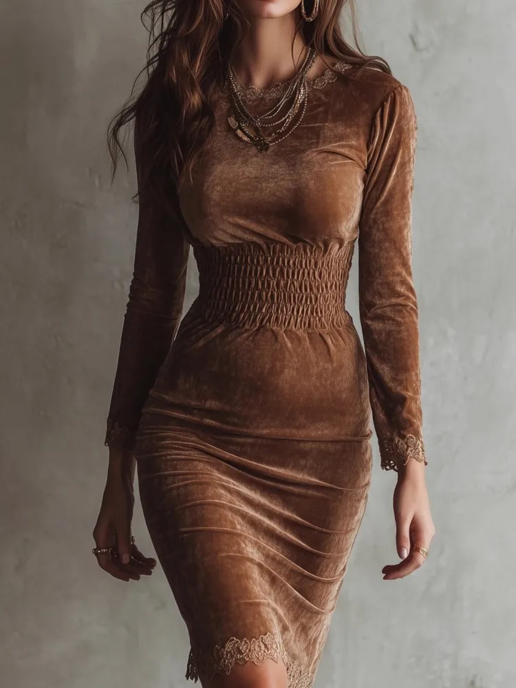 

Women's Slim Fashion Autumn Winter New Gold Velvet Dress Long-sleeved Lace Dress Fashion Elegant Casual Holiday Party Dresses
