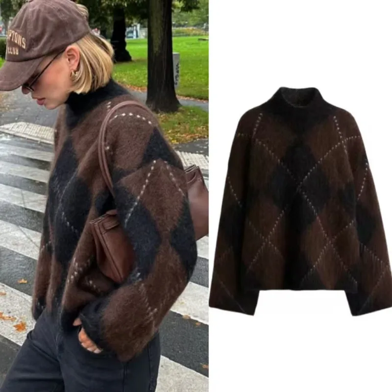 

Трендовая водолазка, толстый свитер, клетчатая повседневная вязаная мини-юбка с открытыми плечами, мягкий пуловер High Street, свободный женский вязаный крючком с геометрическим рисунком