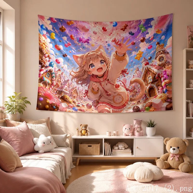 VIKAMA Candy Land Cat Ear Girl Tapestry Rainbow Sweets House Wall Hanging Kawaii Anime Kids Room Sweet Aesthetic Decor