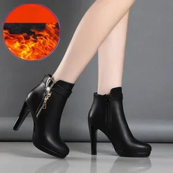 Round Toe High Heeled Boots Women Winter 2024 Sexy Plush Ankle Boots Simple Slim Heeled Leather Boots Elegant Woman Heeled Shoe