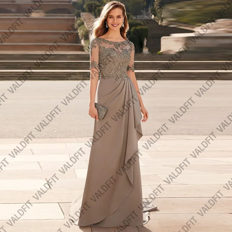 

Customized Long Mermaid Champagne Mother of the Bride Dresses with Sleeves Formal Wedding Guest Beading Robes Invitee Mariage