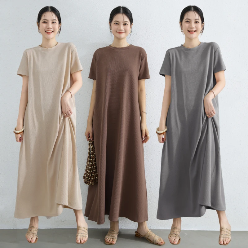 فستان ميدي بقصة A-line للتنحيف، برقبة دائرية وأكمام قصيرة، محبوك، ملابس خارجية صيفية للنساء ذوات المقاسات الكبيرة، فستان أساس...