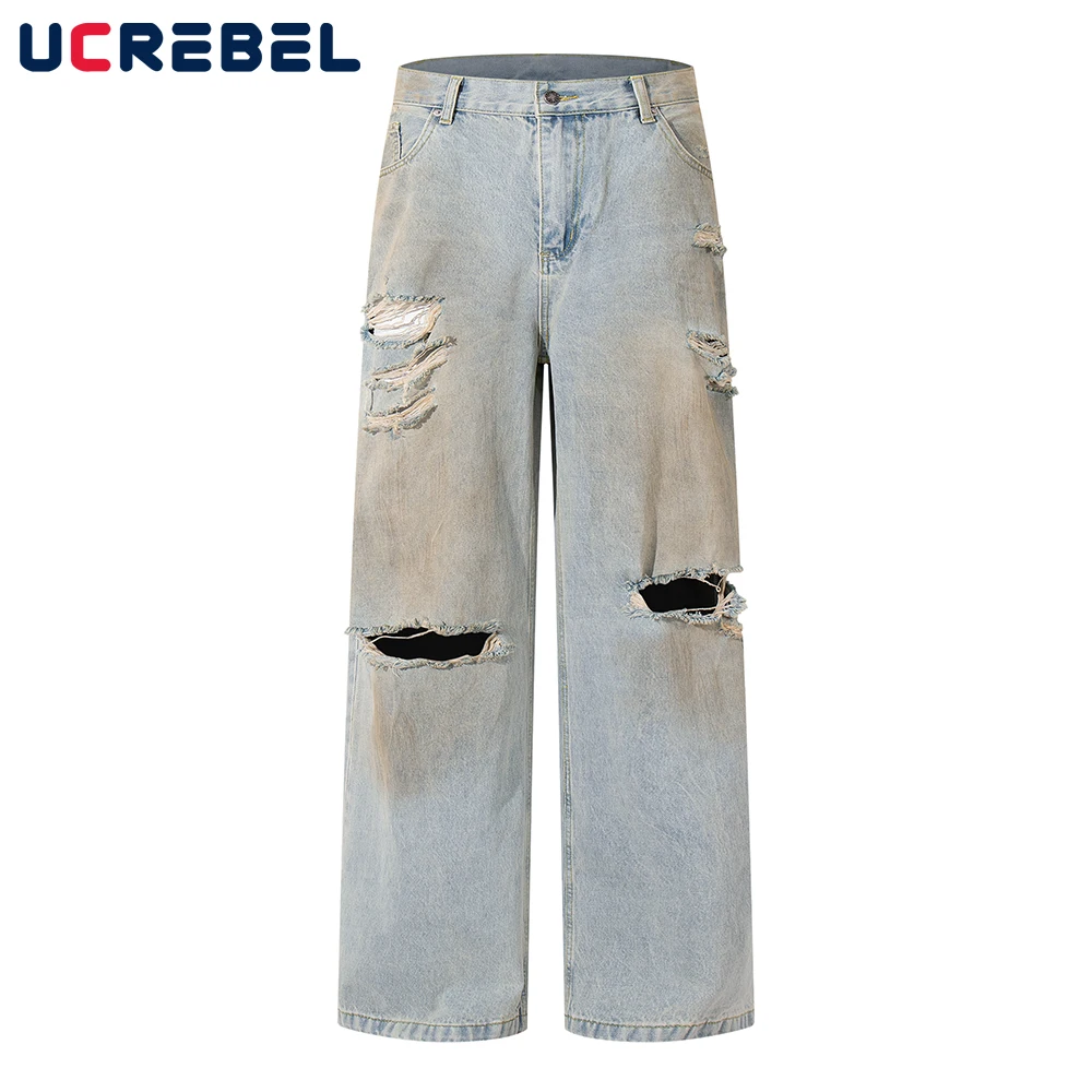 

Потертые потертые джинсы нищего, мужские ретро уличные рваные прямые широкие мешковатые джинсовые брюки, мужские