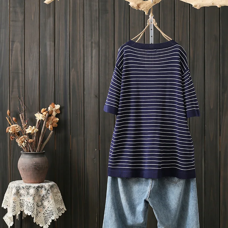 Cotton Linen Knitted Women T-Shirts Summer New 2022 V-Neck Loose Striped Oversized Loose Female Pulls Outwear Tops Tees