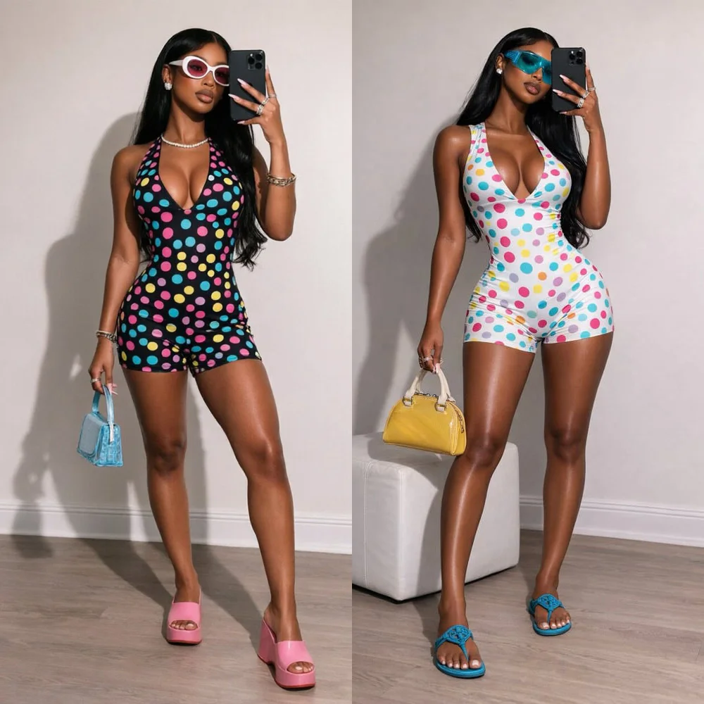 

Sexy Polka Dot Backless Jumpsuits 2026 Summer Clothes Women One Piece Elegant Luxury Bodycon V Neck Halter Top Jumpsuit
