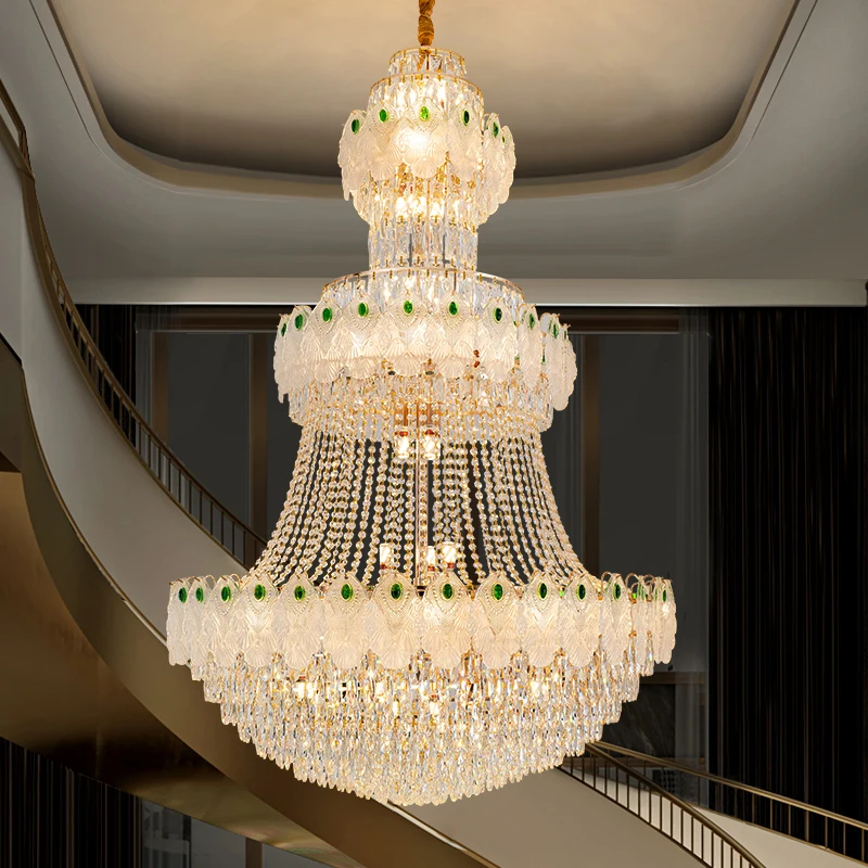 European Luxury Peacock Crystal Chandelier, Gold-Green Pendant Light Duplex Villa Living Room Lighting, Grand Home Pendant Lamp
