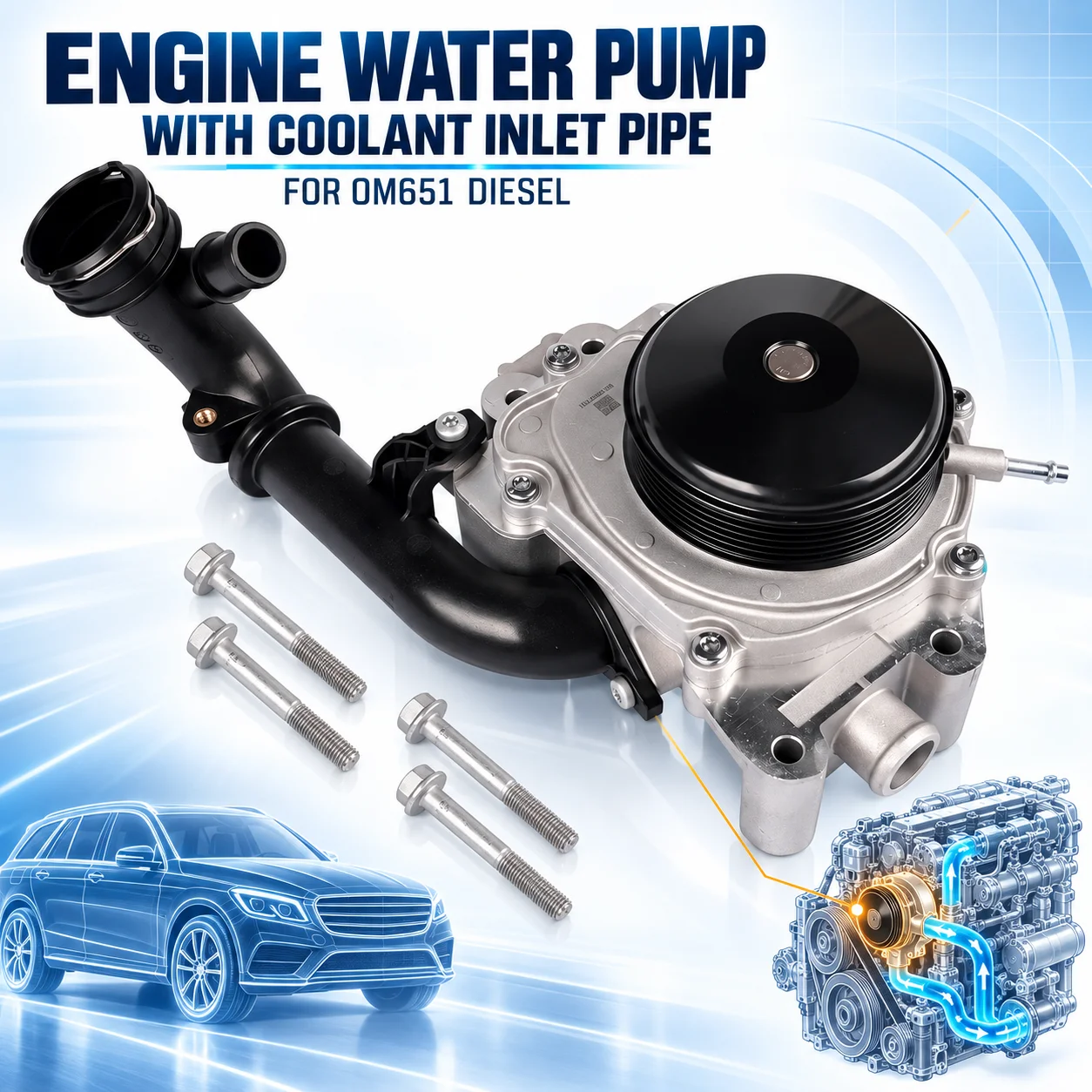Image of AP02 Wasserkühlpumpe mit Einlassrohr für Mercedes-Benz C220 CDI W204 E220 E250 CDI W212 GLK X204 ML GLE W166 OM651 2.1 2.2 Diesel – OE A6512007701 A6512001251