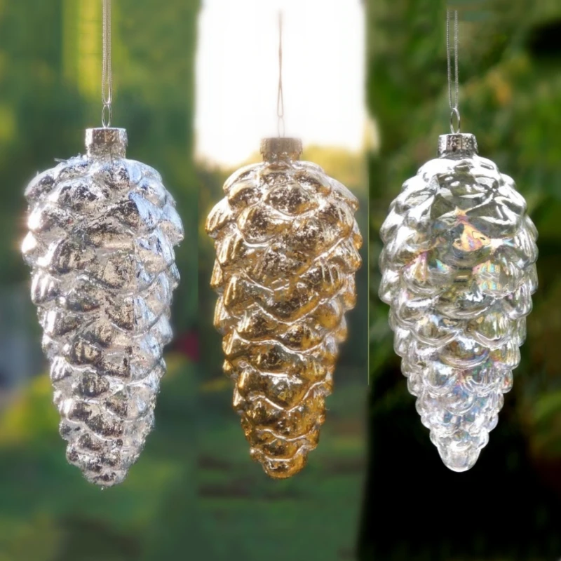 2pcs/pack 6*13cm Different Color Pine Cone Glass Artifact Christmas Tree Hanging Ornament Window Hotel Wedding Mall Decoration