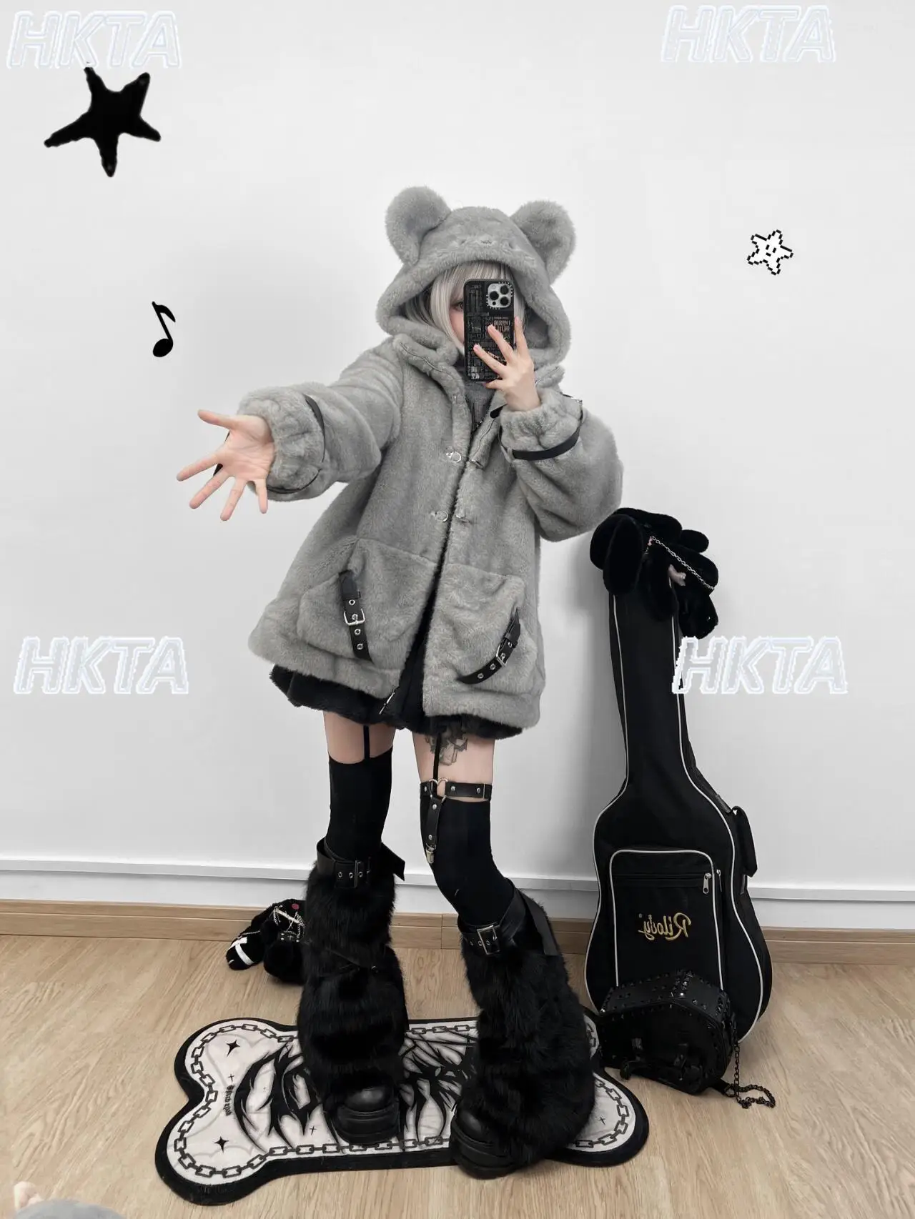 

Commuter Cartoon Plush Hooded Coat Parkas Subculture Punk Winter Leather Buckle Stitching Embroidery Loose Fur Jacket Women