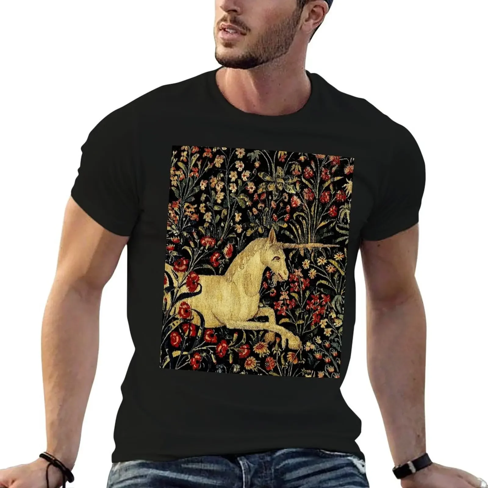 Medieval Unicorn Midnight Floral Tapestry T-Shirt shirts graphic man clothes mens plain t shirts