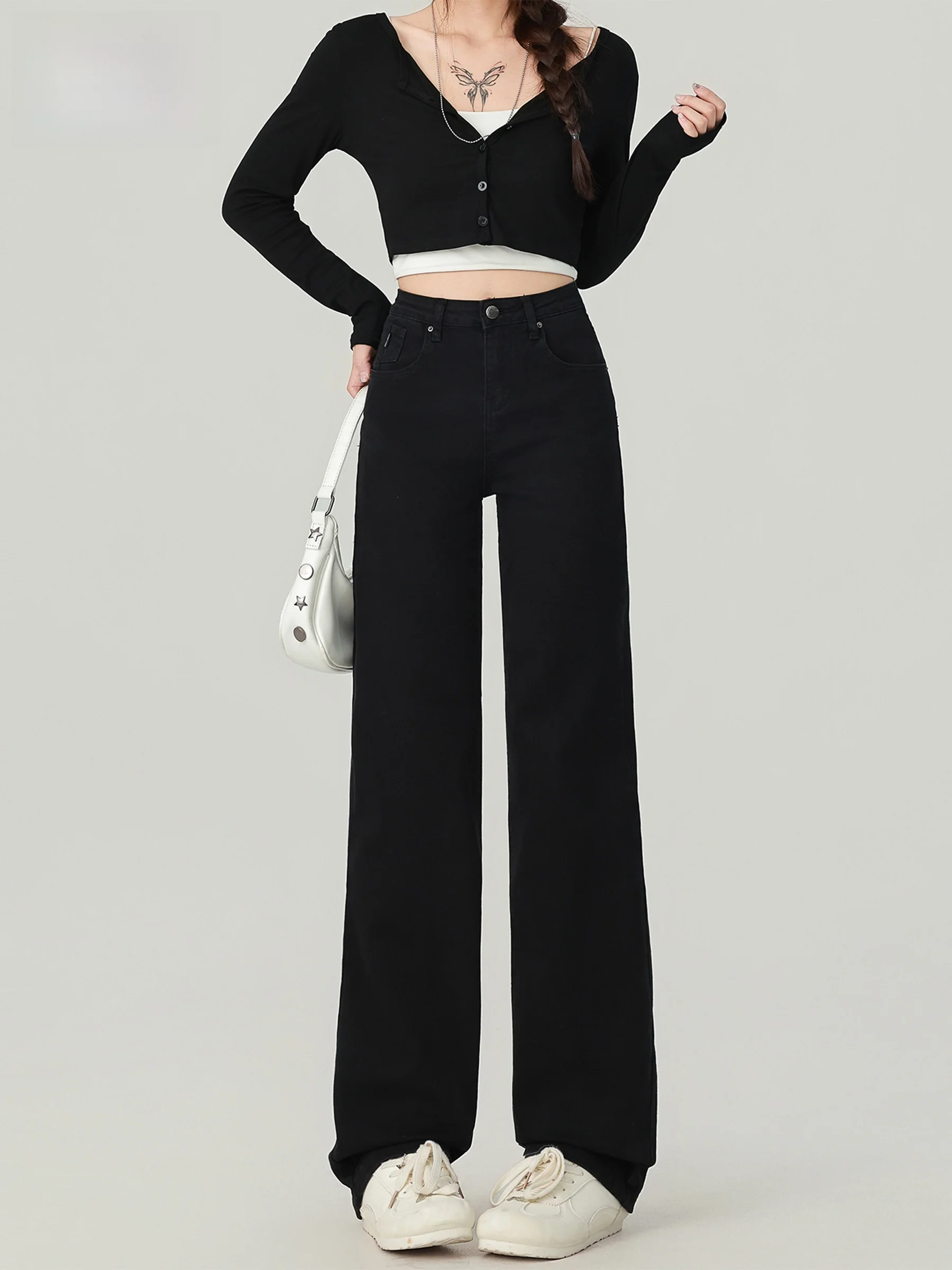 

Классические женские джинсы прямого кроя с зауженной талией, эластичные, с высокой талией, осенняя новинка, повседневные, износостойкие, светло-голубые