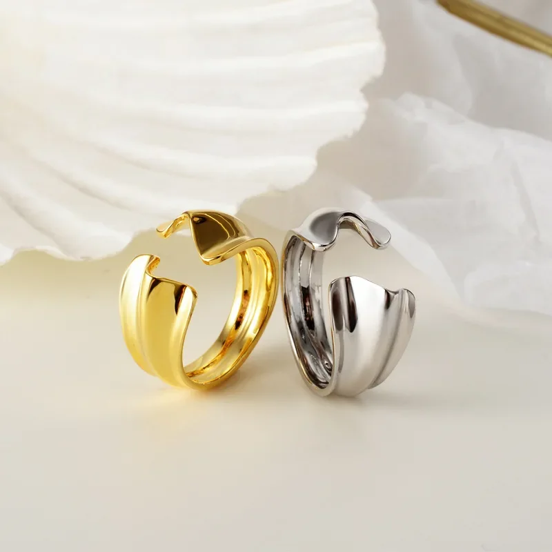 Ables Chic Wavy Wide Solid 925 Sterling Silver Ring Irregular Chunky Gold Tone Party Rings R1154