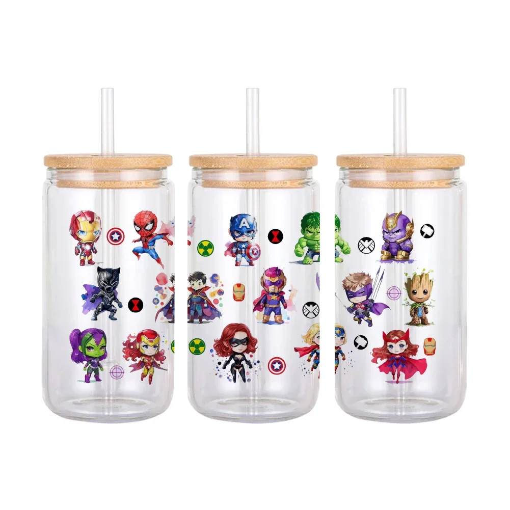 Disney Iron Man Spider Captain UV DTF Sticker For 16oz Glass Can Wrap Transfer Labels DIY Self Adhesive Custom