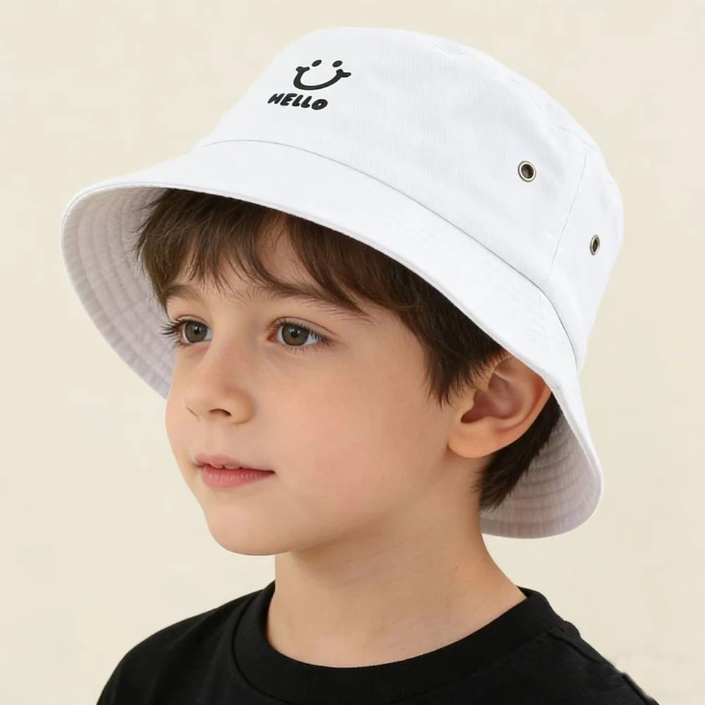 Summer Baby Hat Kids Cartoon Smile Face Hello Letter Bucket Hat For Girls Soild Color Washed Cotton Sun Cap Children 3-7Y