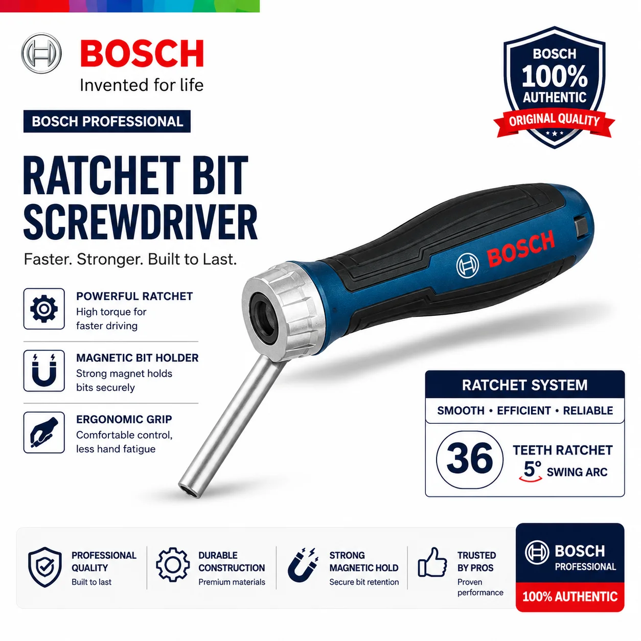BOSCH Ratchet Screwdriver 1/4 Inch Magnetic Bit Holder Reversible Screwdriver CrV Steel Hand Tool for Repair Assembly DIY 46Nm