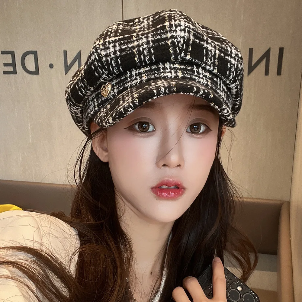 Beret Women Newsboy Cap Spring Autumn Plaid Octagonal Hats For Women Fashion Style Sweet Casual New Vintage