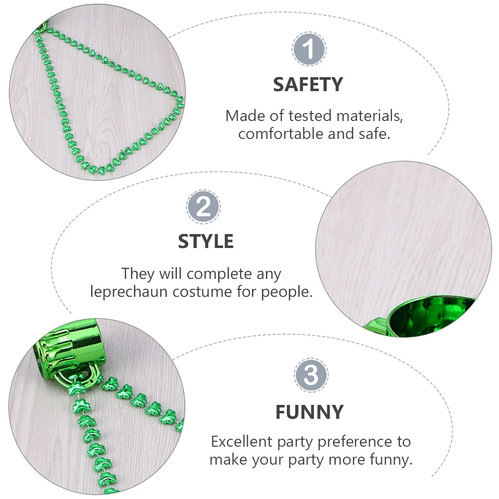 مجموعة واحدة من قلادات عيد القديس باتريك، قلادة من الخرز الأخضر، كوب للبيرة، قبعة على شكل لوازم الحفلات، إكسسوارات للنساء والفتيات
