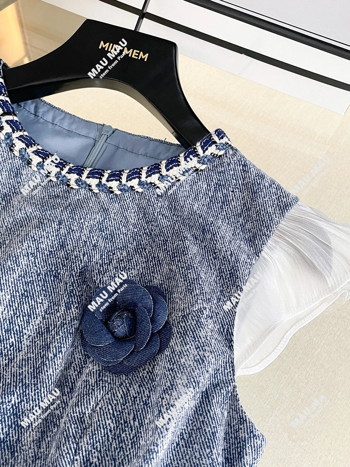 하이웨이스트 A라인 드레스 로즈 플로럴 데님 메쉬 스커트 반팔 라운드넥 출퇴근 스타일 중간 두께 그라데이션 컬러 지퍼 백