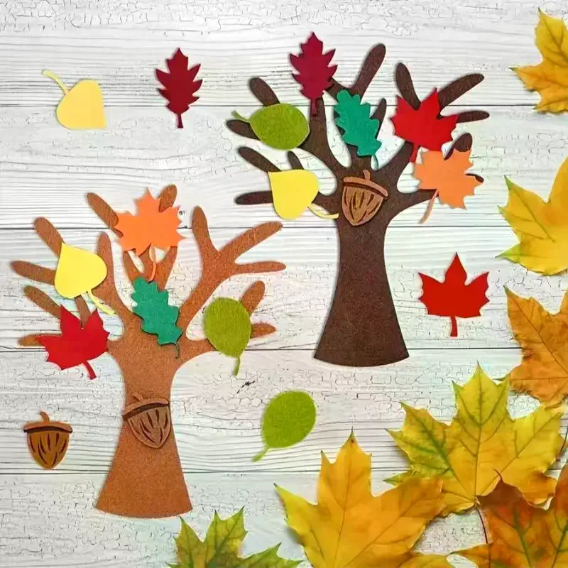 48Pcs Felt Tree DIY Craft Kit Autumn Leaf Non Woven Ornament Reusable Wall Hanging Decor For Thanksgiving Home Party