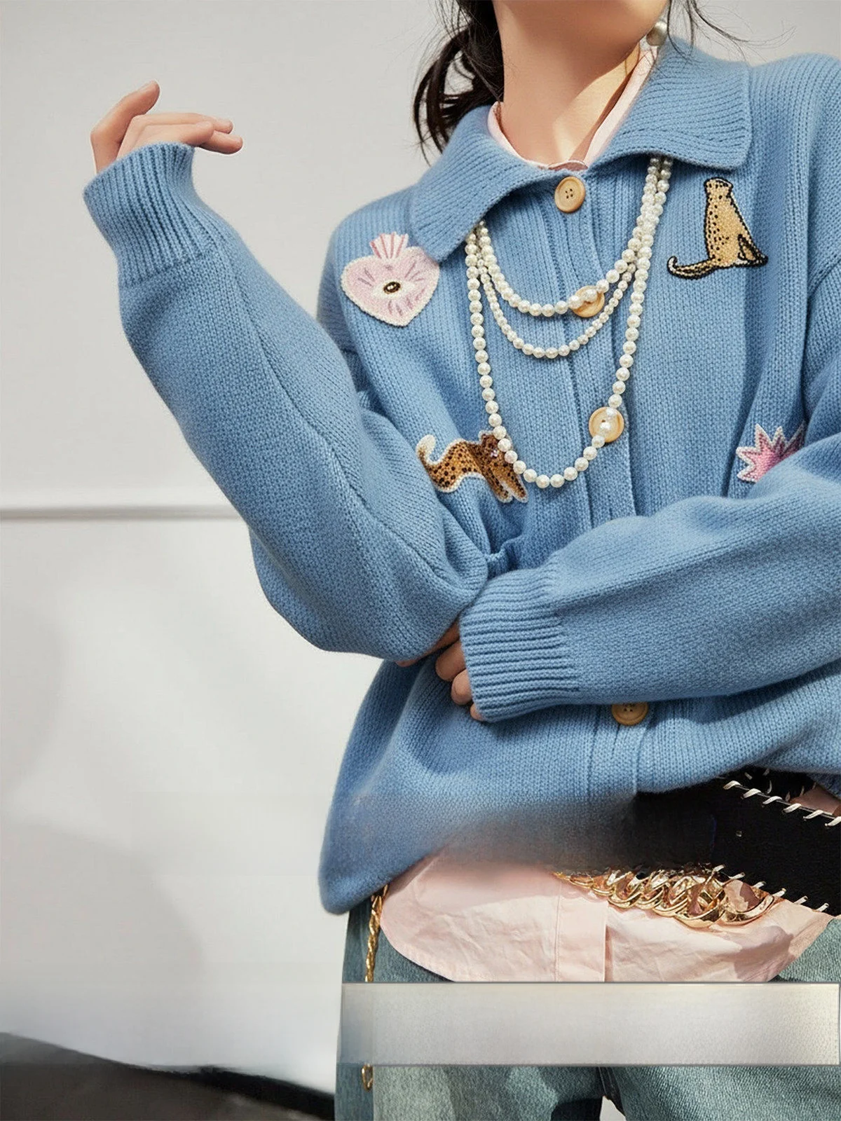 

Blue Lazy Luxury Women's Knitted Sweater Coat Loose Sle Long Sve ort Length Plant Patterned Flip Collar Button Closure