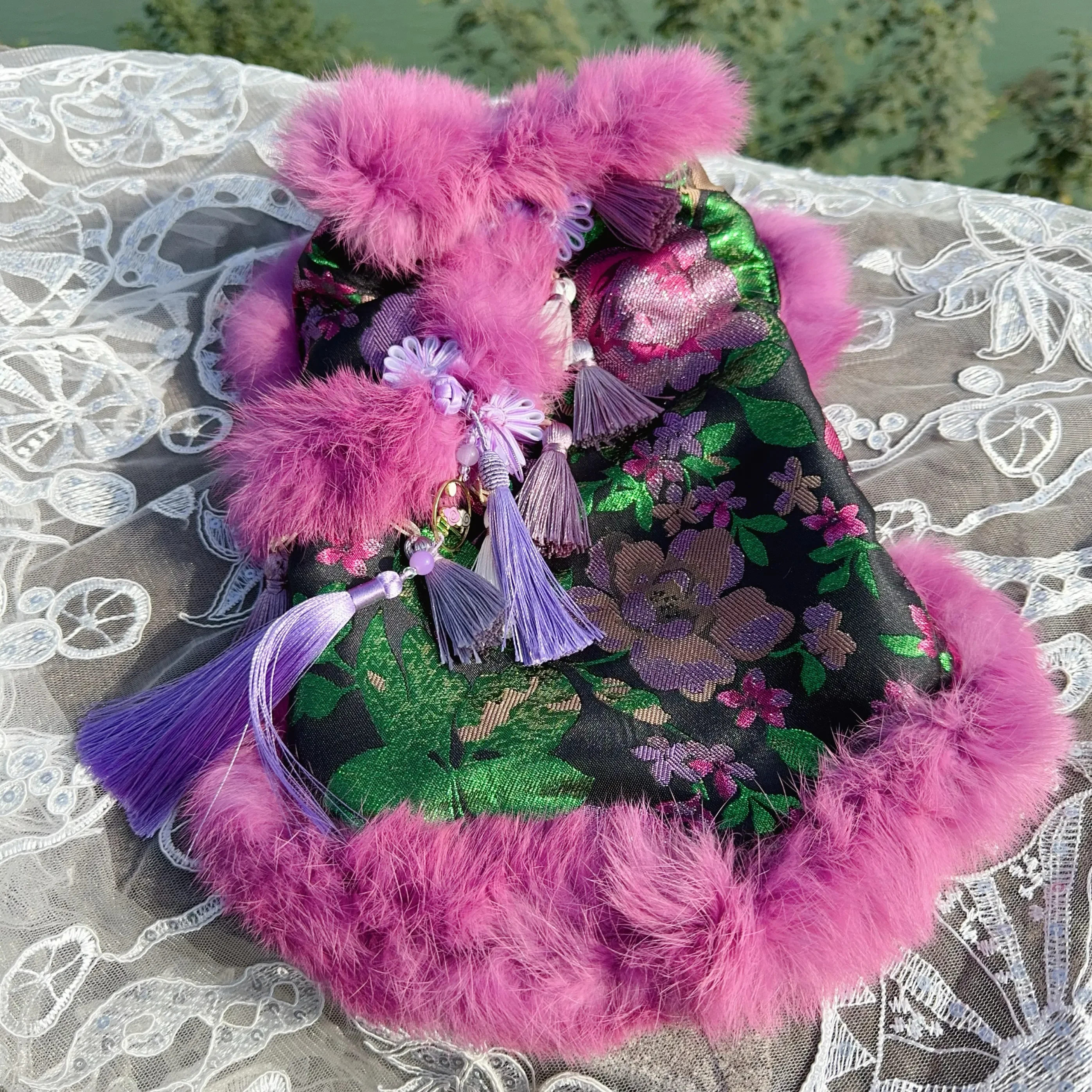 Winter New Purple Pet Dog Clothes Chinese Style Flower Embroidery Print Warm Plush Dresses For Small Medium Dog Fashion Clothing