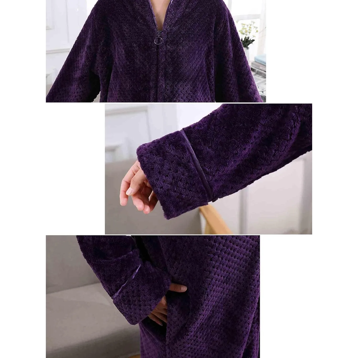 สตรีขนแกะ Robe Plush ยาวซิปด้านหน้าเสื้อคลุมอาบน้ําพร้อมกระเป๋า WARM Soft Zippered เสื้อคลุมอาบน้ําสําหรับสตรี Nightgown ชุดนอน