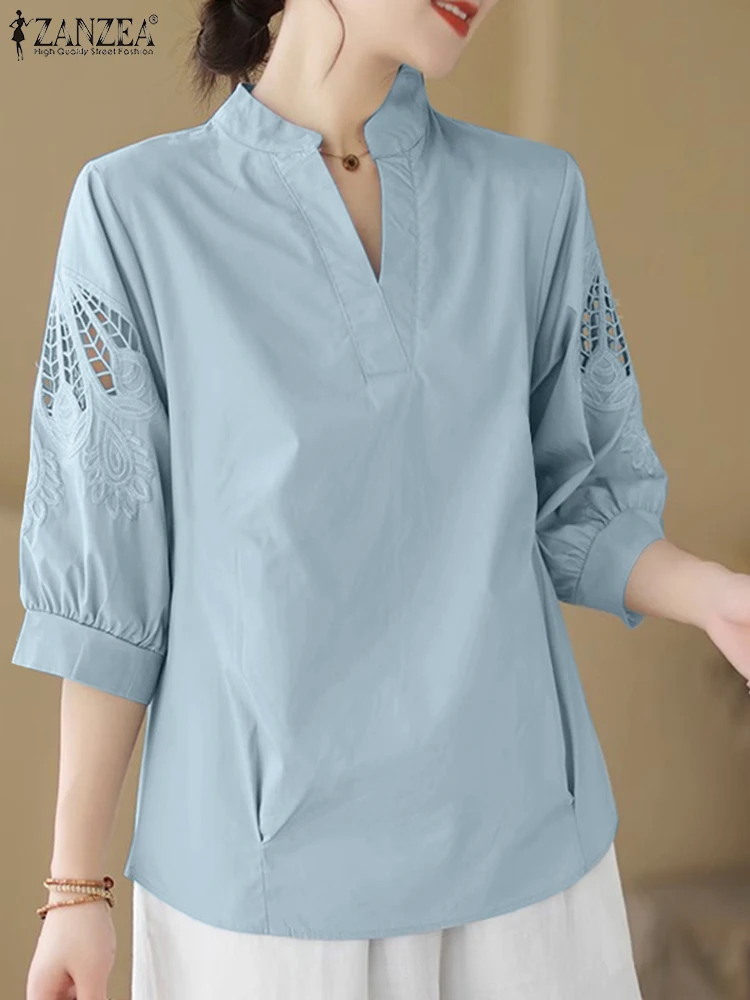 ZANZEA-Blusa holgada informal para mujer, camisa elegante de encaje de Color liso con cuello en V y manga 2024, a la moda, para uso diario, 3/4