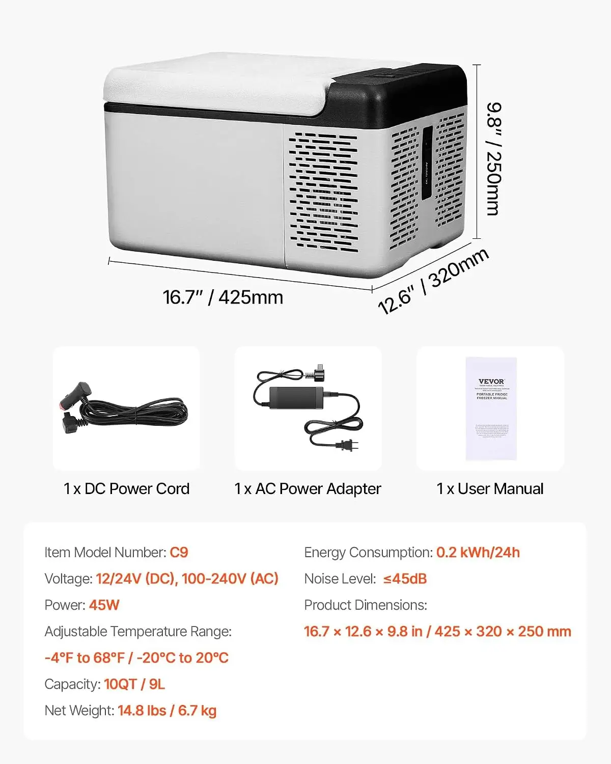 12V Car Refrigerator 10 QT, Portable Mini Freezer with APP Control, -4℉ to 68℉, 12/24V DC & 110-220V AC Compressor Cooler for Tr
